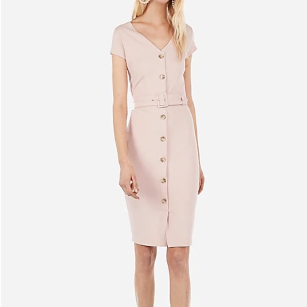 Express Belted Button Front Sheath Dress - Blush